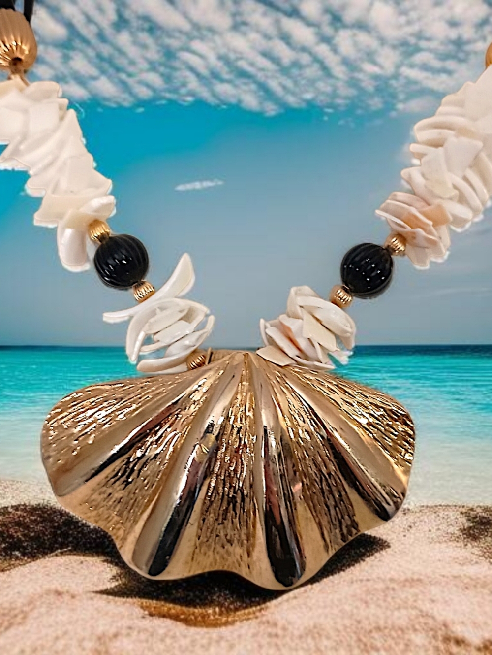 Vintage Gay Boyer Necklace Scallop Shell Corded Chunky Maximalist Coastal Beachy